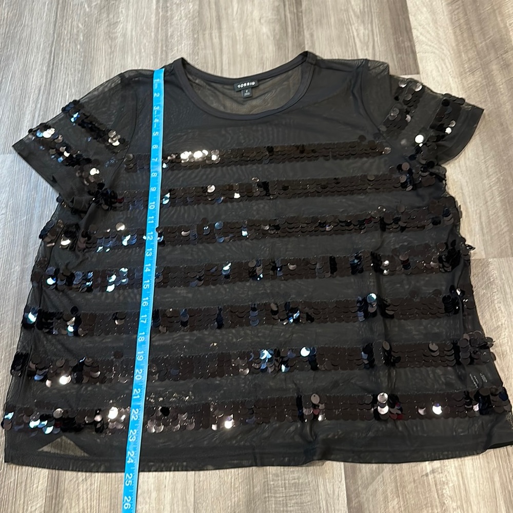 Torrid Black sheer top with stripes of large black sequins - Size 1 (14/16)